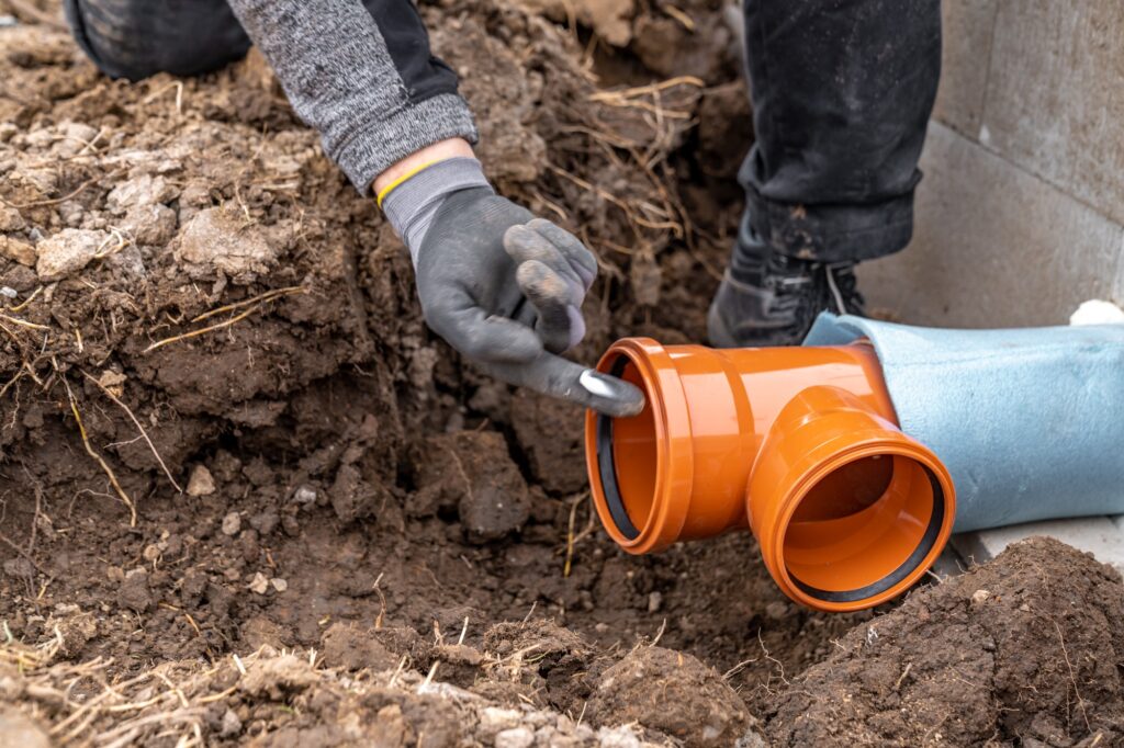 plastic pvc waste sewer pipe in the ground. construction site